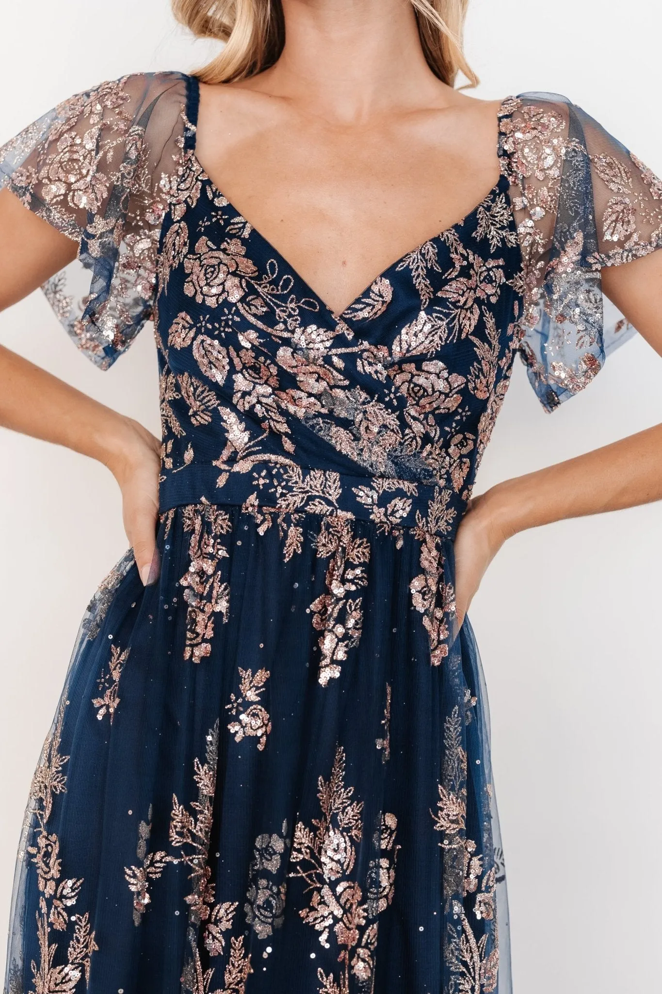 Corinne Shimmer Maxi Gown | Navy   Rose Gold