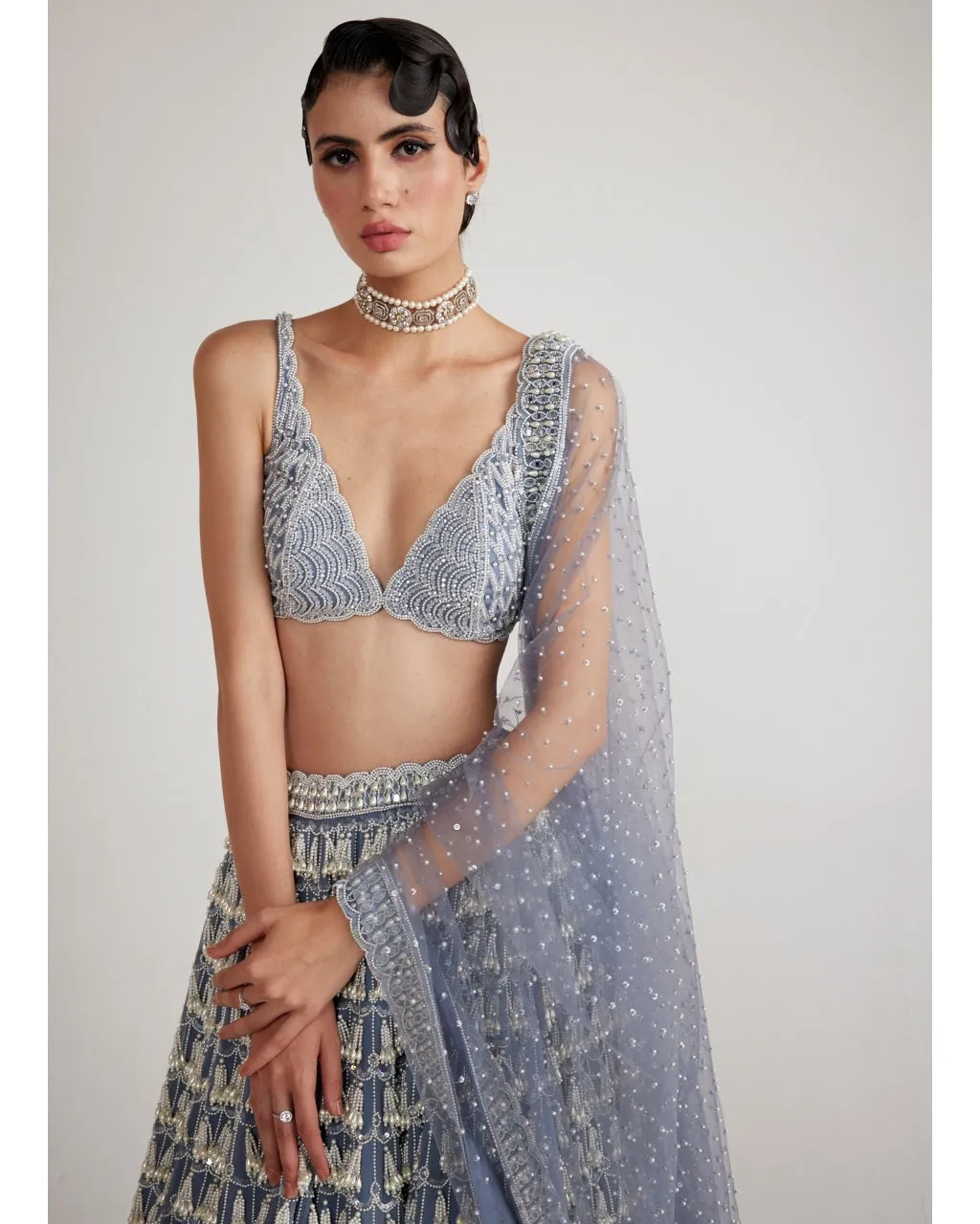Dark Grey Chandelier Pearl Drop Lehenga Set