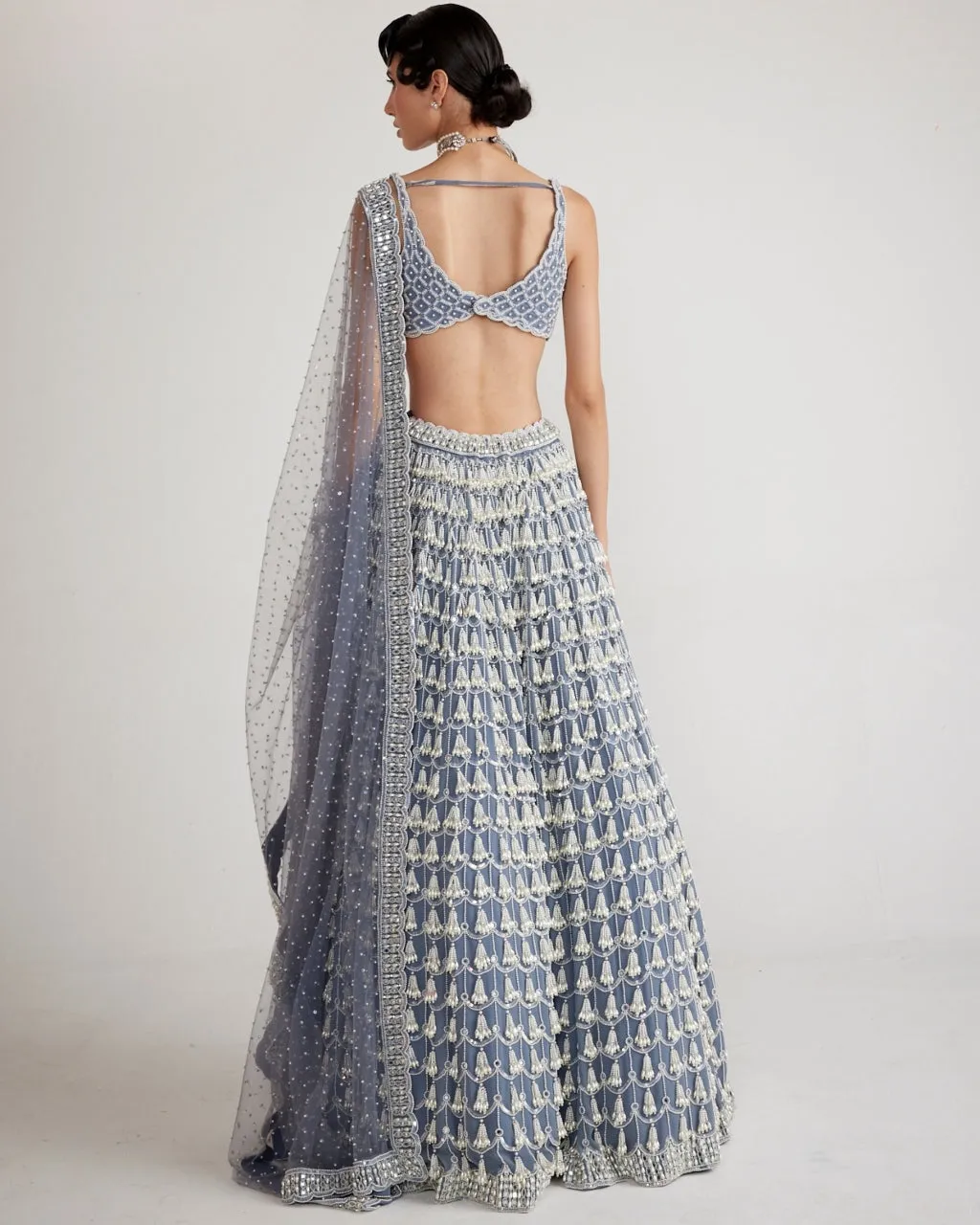 Dark Grey Chandelier Pearl Drop Lehenga Set
