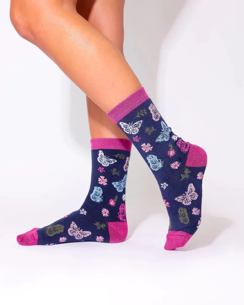 Eco Chic Eco-Friendly Monarch Butterflies Navy Bamboo Socks