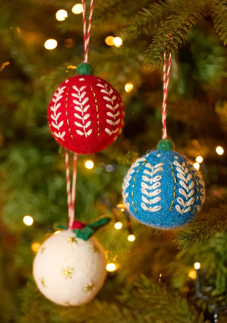 Embroidered Felt Christmas Baubles, Nepal