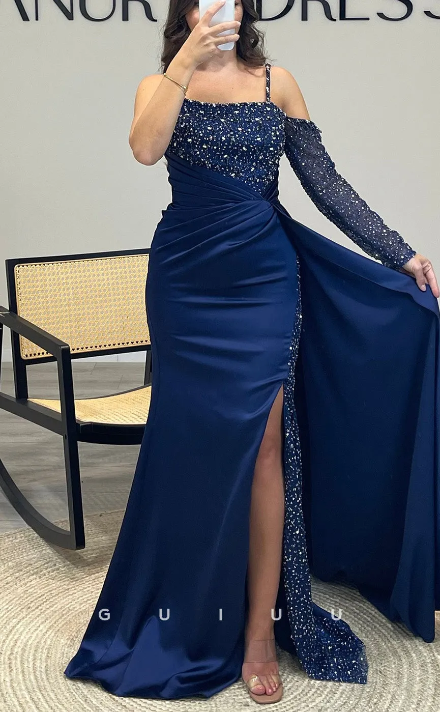 G3519 - Sexy & Hot Sheath Asymmetrical Long Sleeves Straps Side Slit Beaded & Sequined Draped Floor-Length Ballgown Prom Dress With Sweep Train