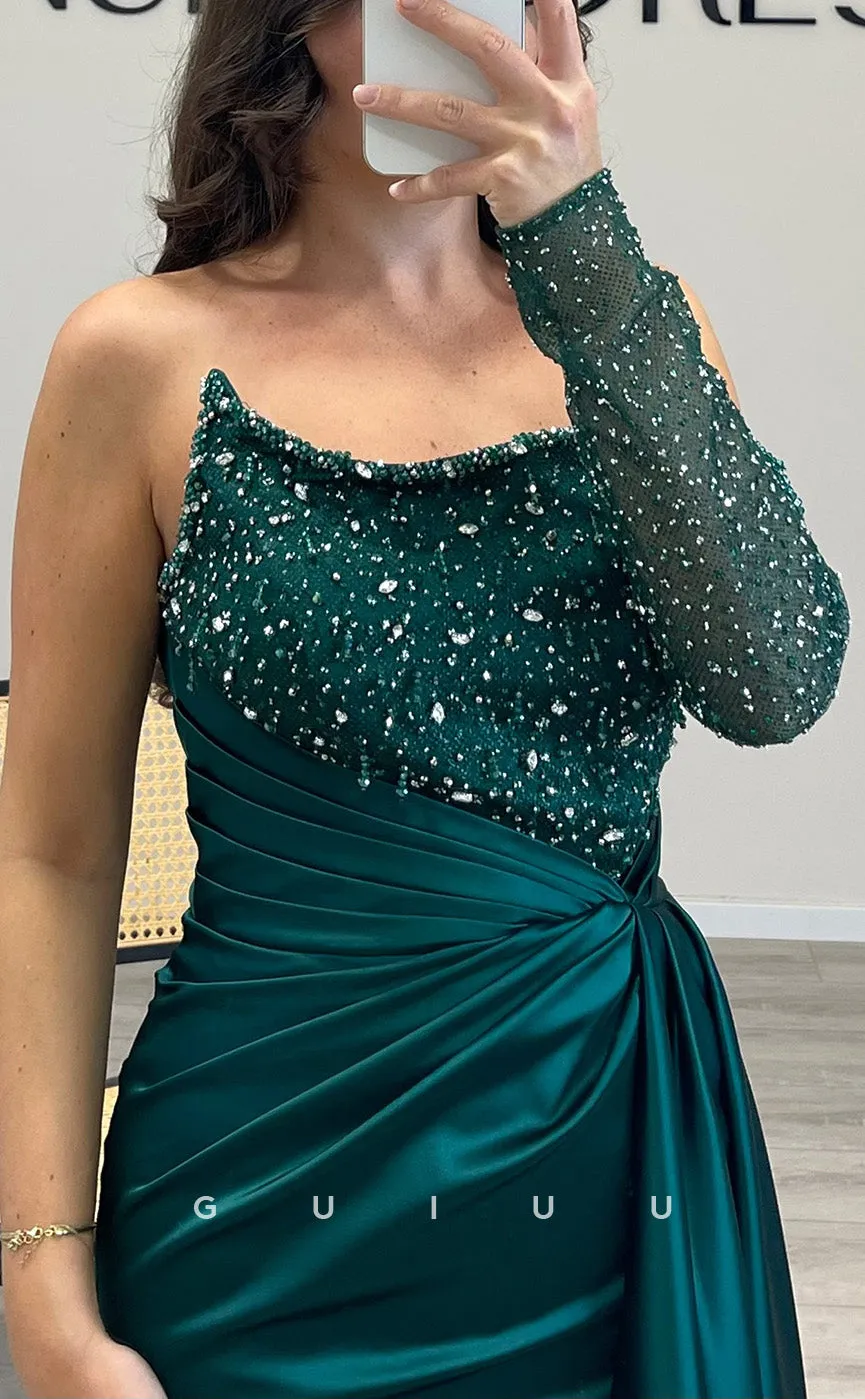 G3519 - Sexy & Hot Sheath Asymmetrical Long Sleeves Straps Side Slit Beaded & Sequined Draped Floor-Length Ballgown Prom Dress With Sweep Train