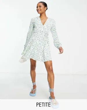 Glamorous Petite V-Neck Tea Dress long sleeves and tie at the waist in pastel floral shades Glamorous Petite