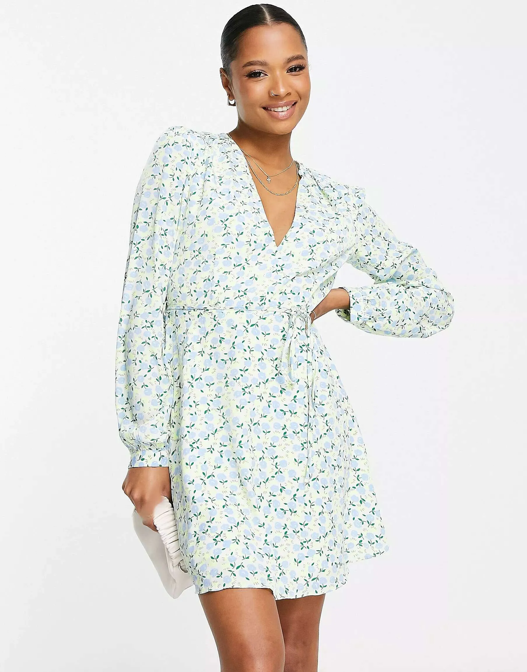 Glamorous Petite V-Neck Tea Dress long sleeves and tie at the waist in pastel floral shades Glamorous Petite