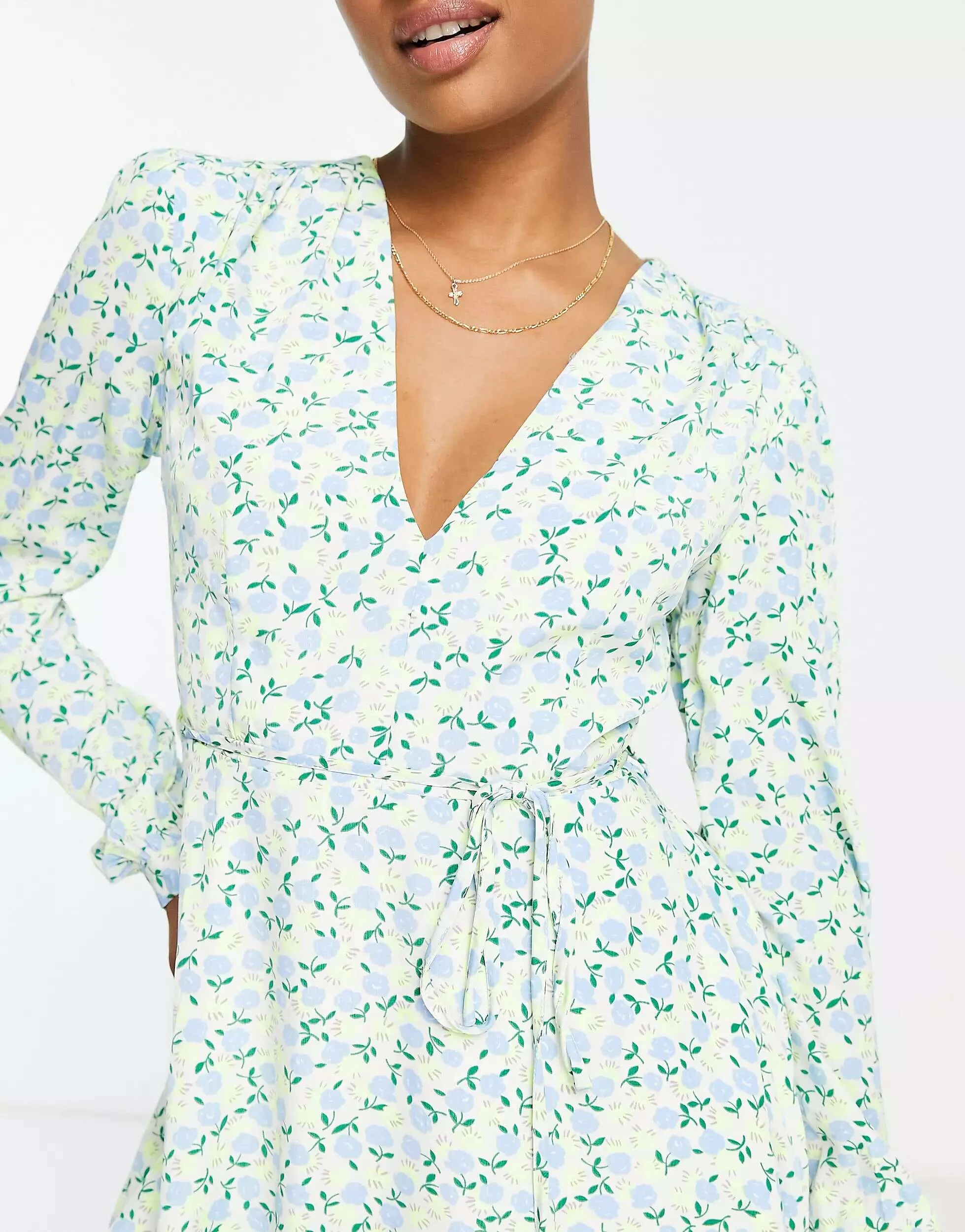 Glamorous Petite V-Neck Tea Dress long sleeves and tie at the waist in pastel floral shades Glamorous Petite