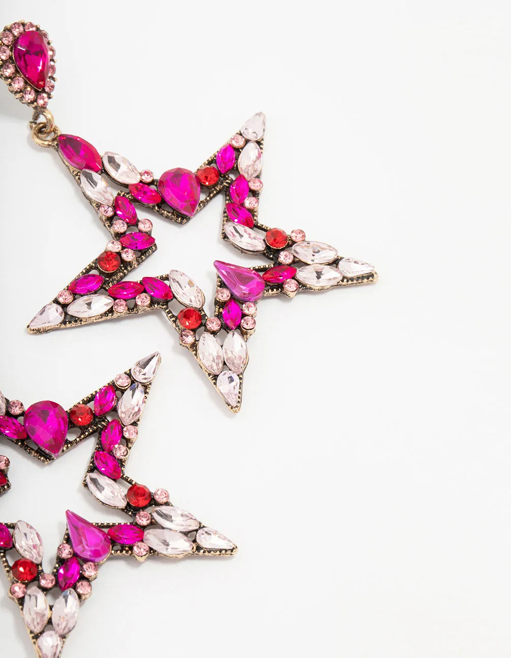 Gold & Pink Diamante Star Drop Earrings