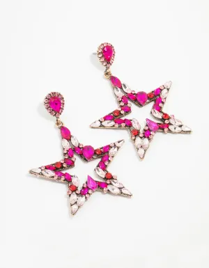 Gold & Pink Diamante Star Drop Earrings