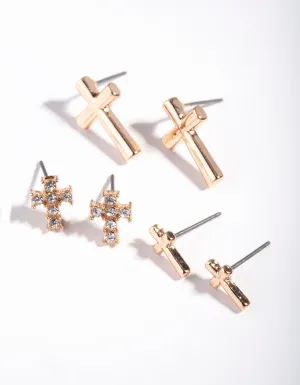 Gold Diamante Cross Earring Pack