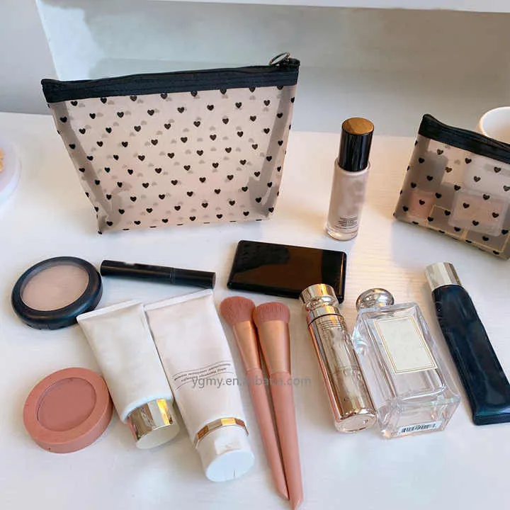 Heart Print Mesh Makeup Bag