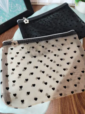 Heart Print Mesh Makeup Bag