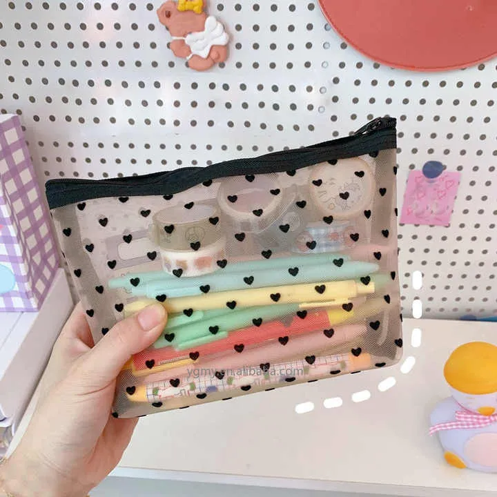 Heart Print Mesh Makeup Bag