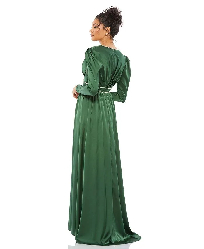 Ieena Women's Satin Puff Shoulder Dress with Rhinestone Encrusted Mac Duggal green