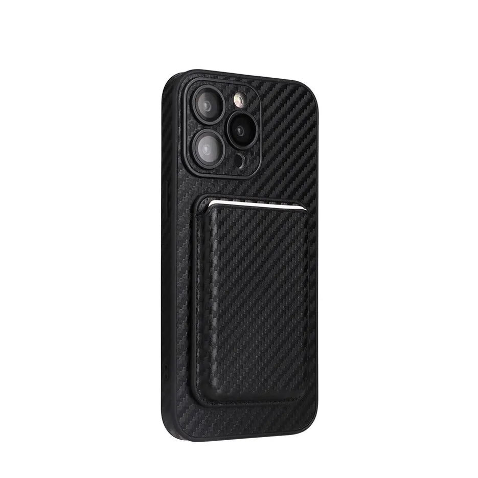 iPhone 15 Pro Max MagSafe 2in1 Leather Case Wallet Case with Magnetic Credit Card Holder in Carbon Look - Black