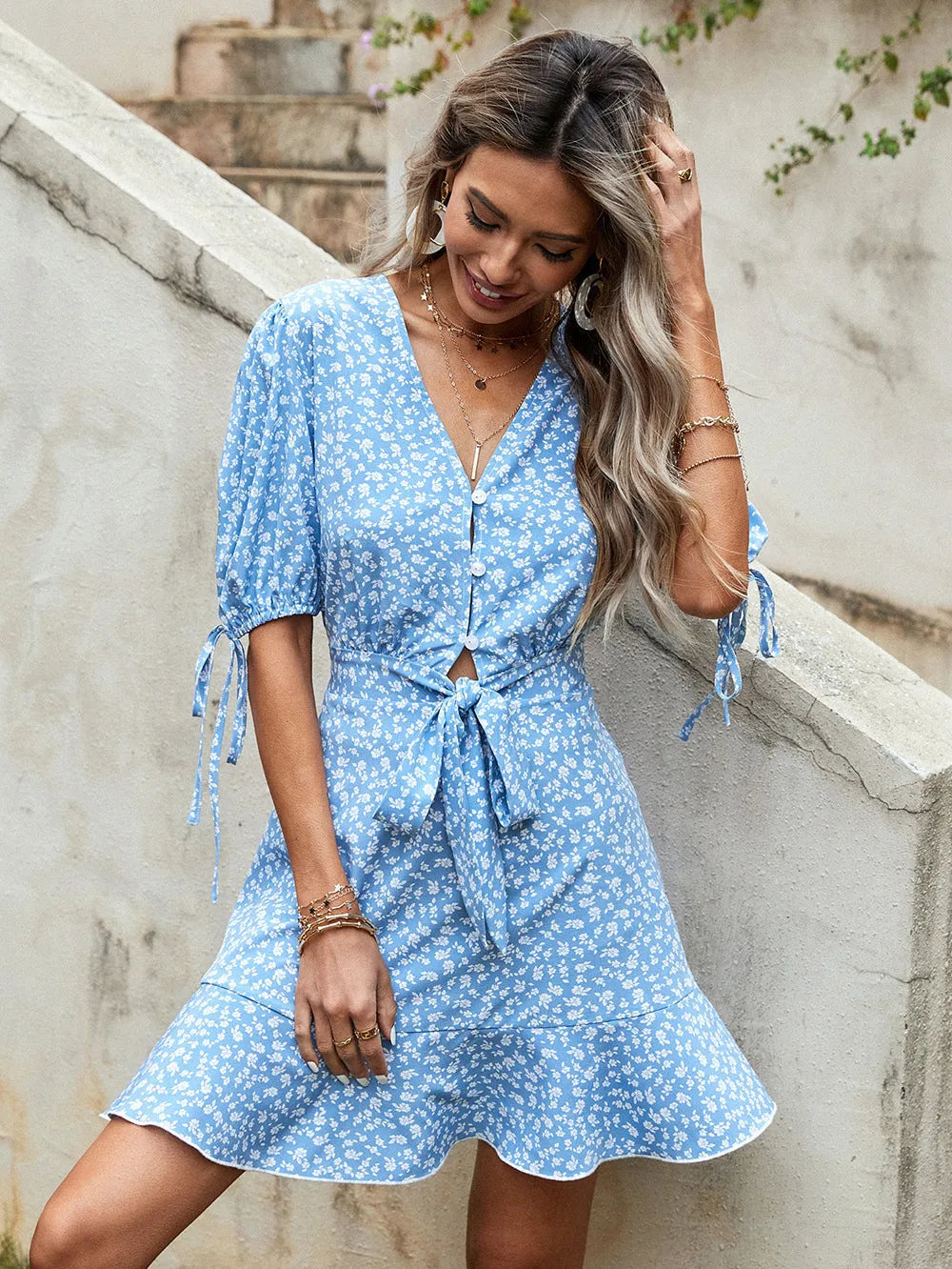 KittenAlarm - New Fresh and Sweet V-neck Bow Floral Dress