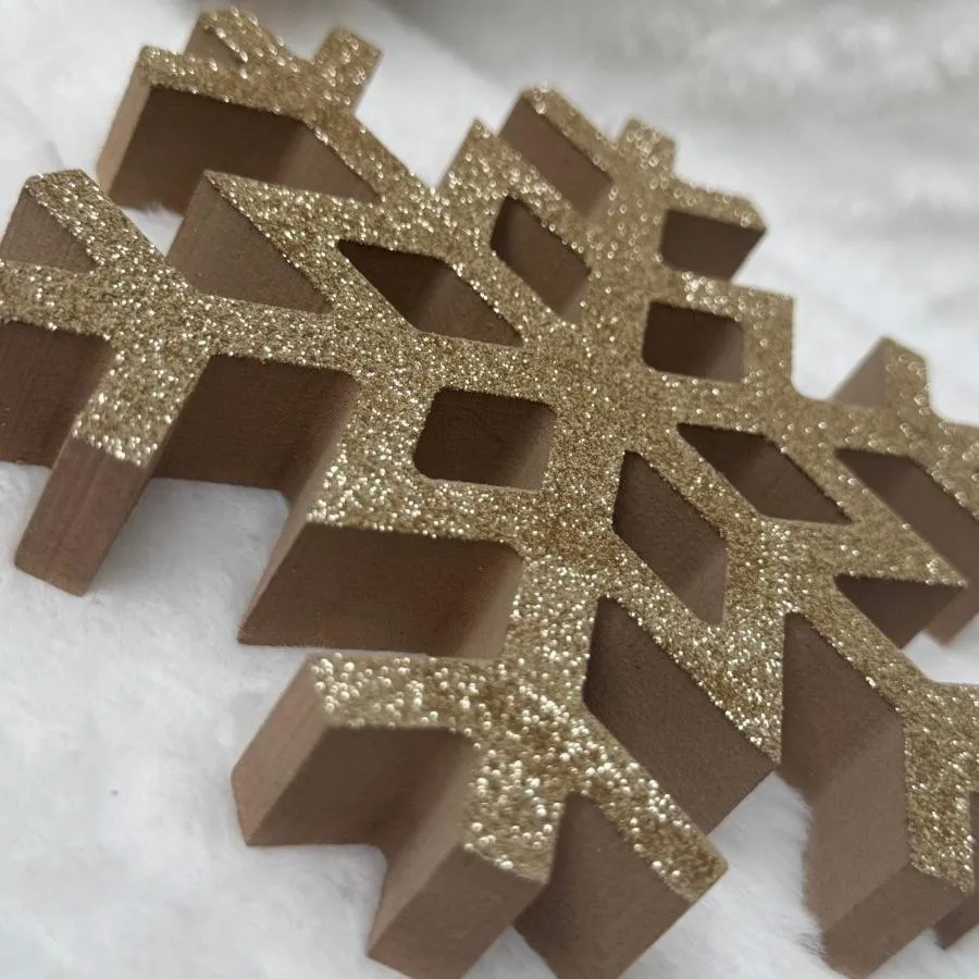 Large Gold Glitter Wooden Snowflake Christmas Decorations