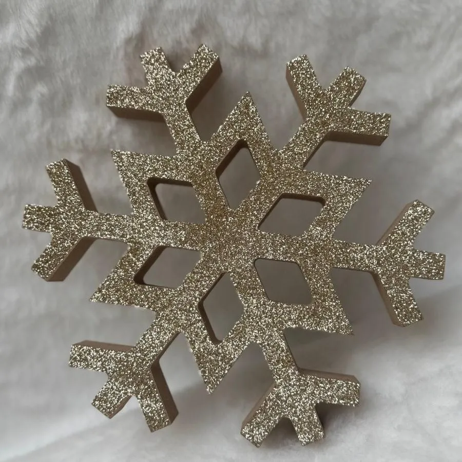 Large Gold Glitter Wooden Snowflake Christmas Decorations