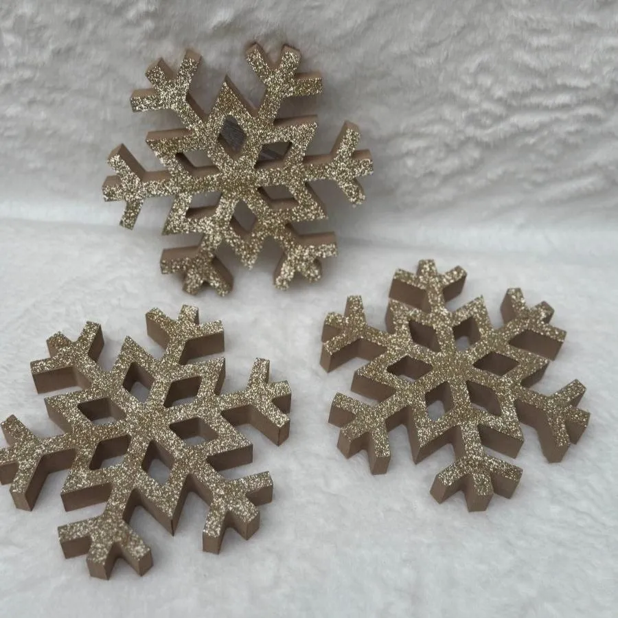 Large Gold Glitter Wooden Snowflake Christmas Decorations