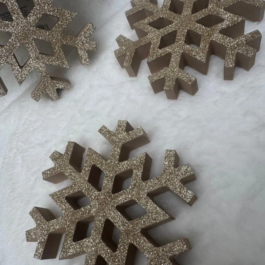 Large Gold Glitter Wooden Snowflake Christmas Decorations