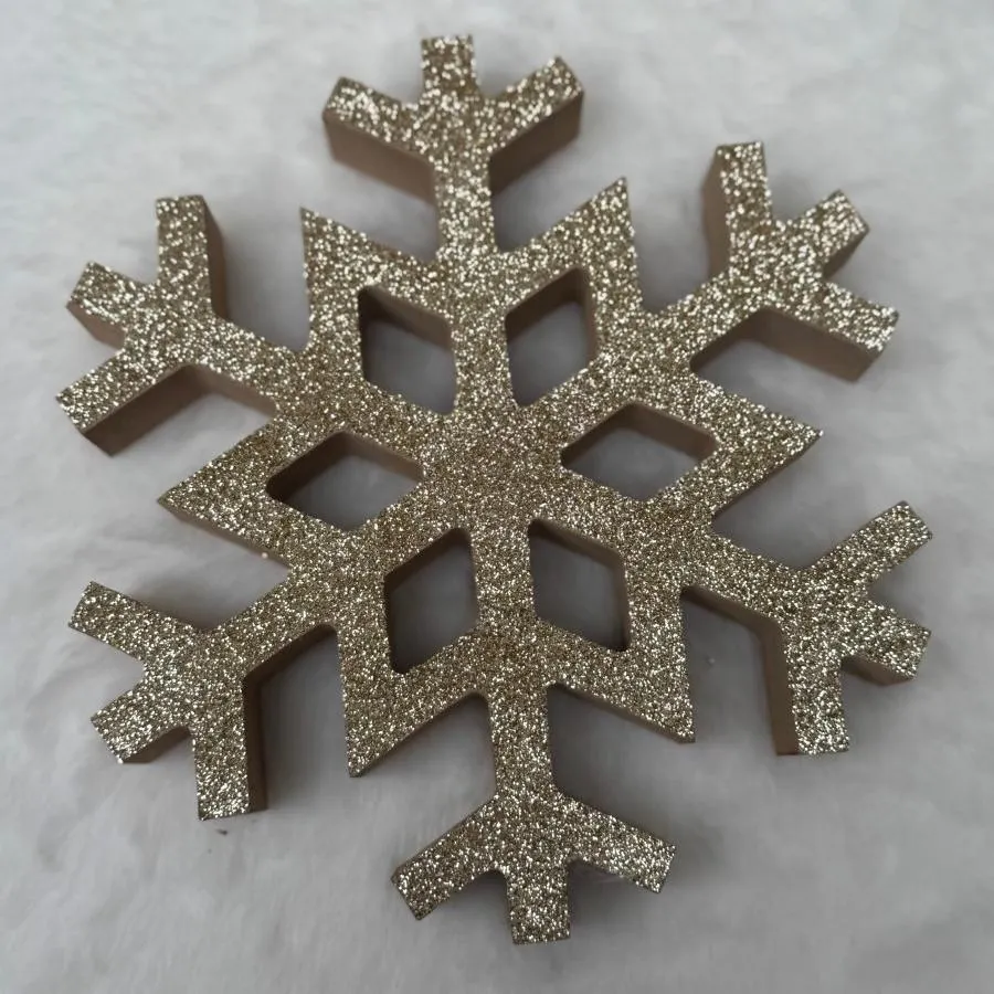 Large Gold Glitter Wooden Snowflake Christmas Decorations