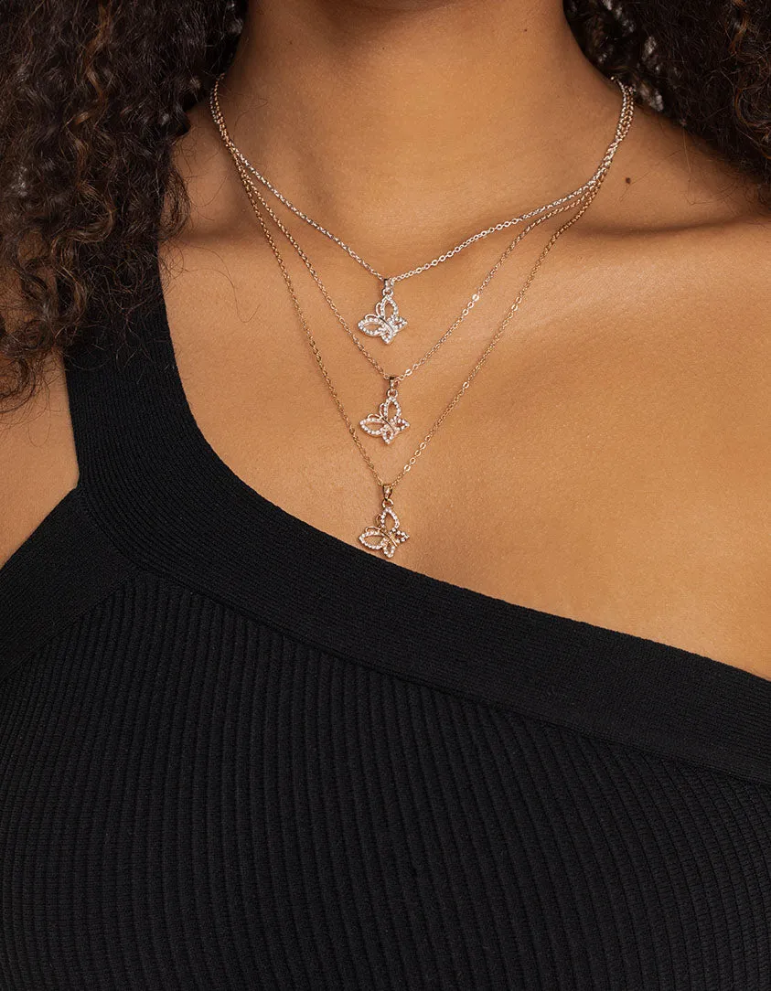 Mixed Metal Diamante Butterfly Necklace Pack