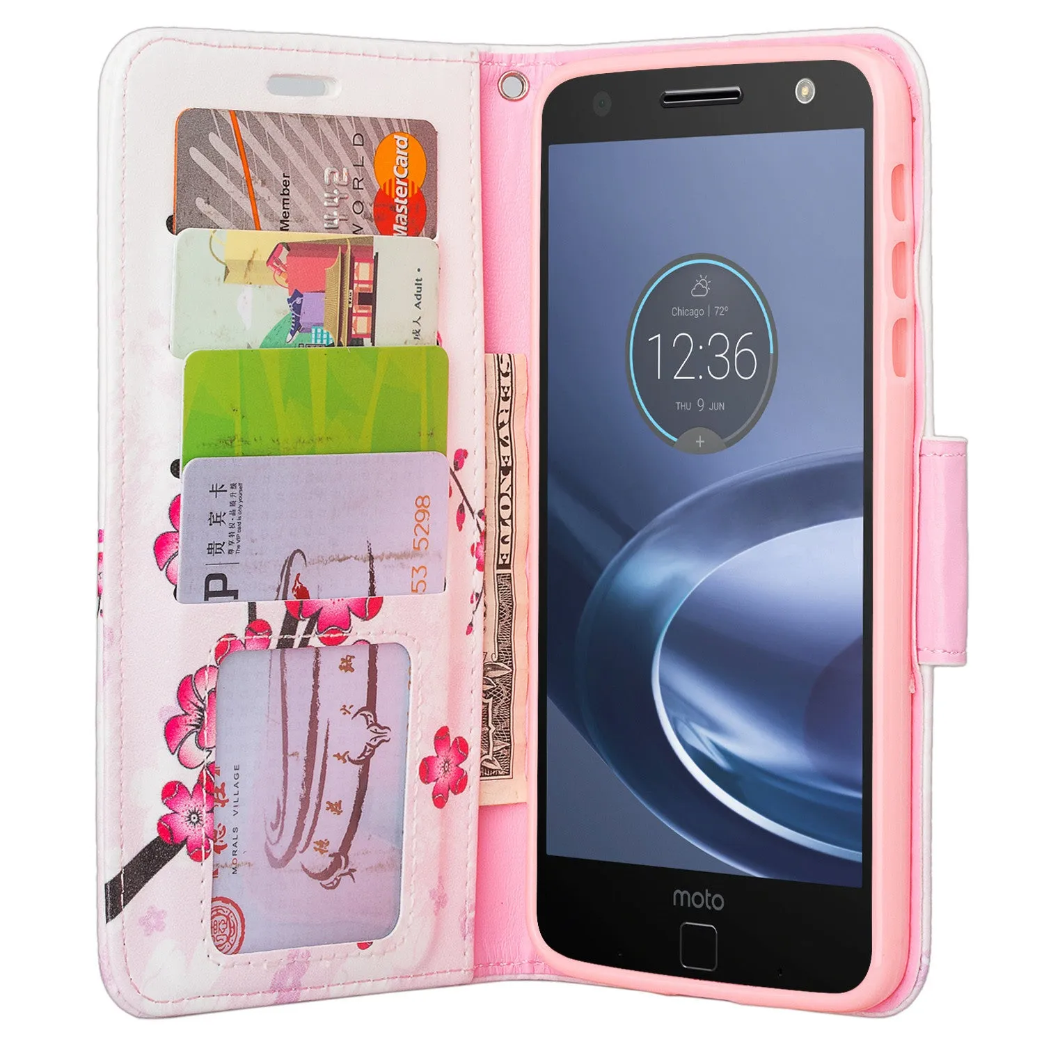 Moto Z Force Droid Case, Motorola Z Force Droid Wallet Case, Wrist Strap Pu Leather Wallet Case [Kickstand] with ID & Credit Card Slots - Cherry Blossom