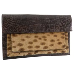 Nancy Gonzalez Brown Crocodile and Faux Leopard Calf Clutch Bag