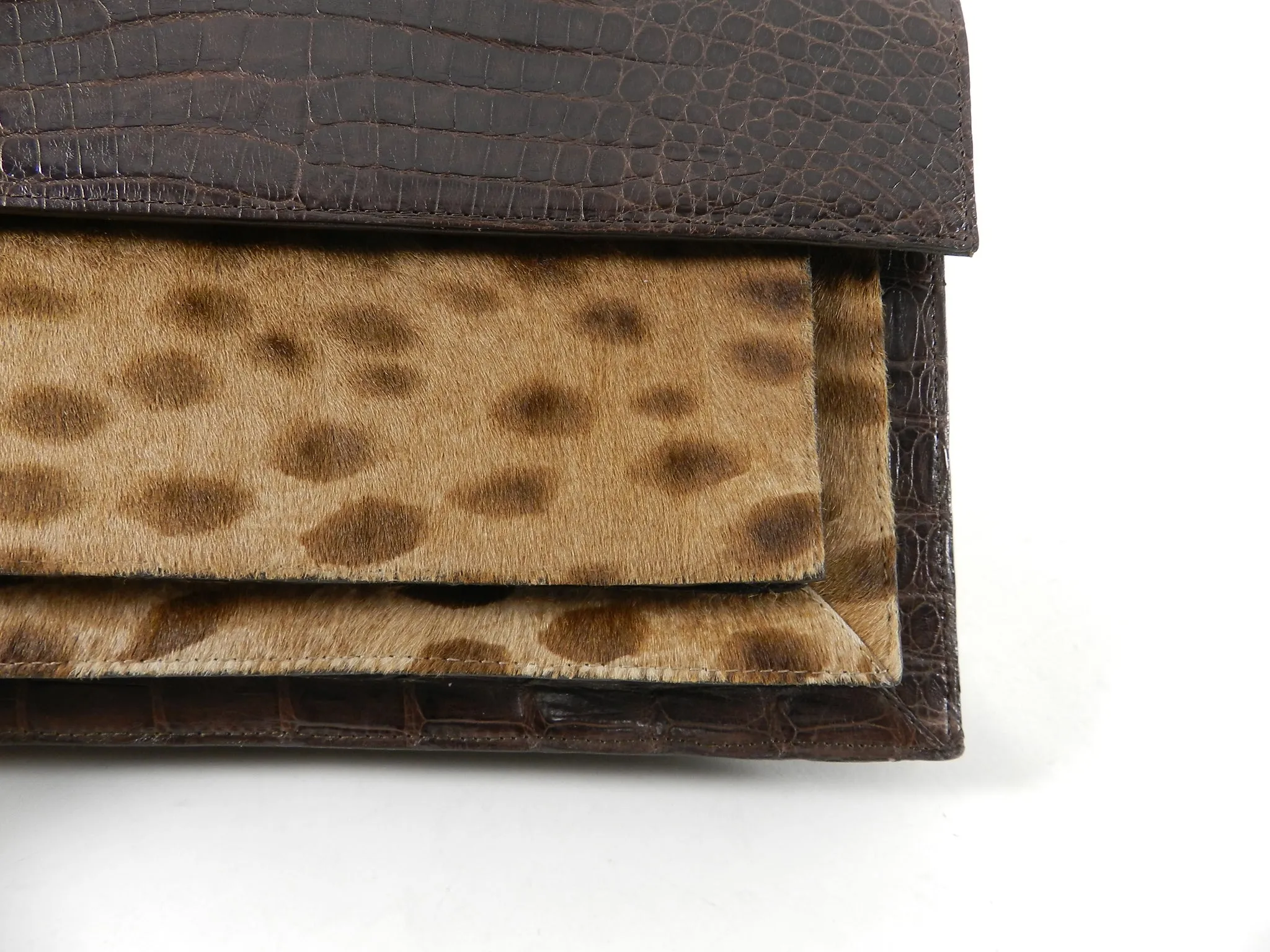 Nancy Gonzalez Brown Crocodile and Faux Leopard Calf Clutch Bag