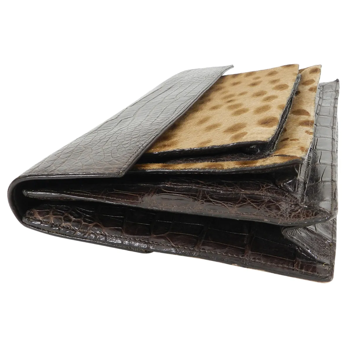 Nancy Gonzalez Brown Crocodile and Faux Leopard Calf Clutch Bag