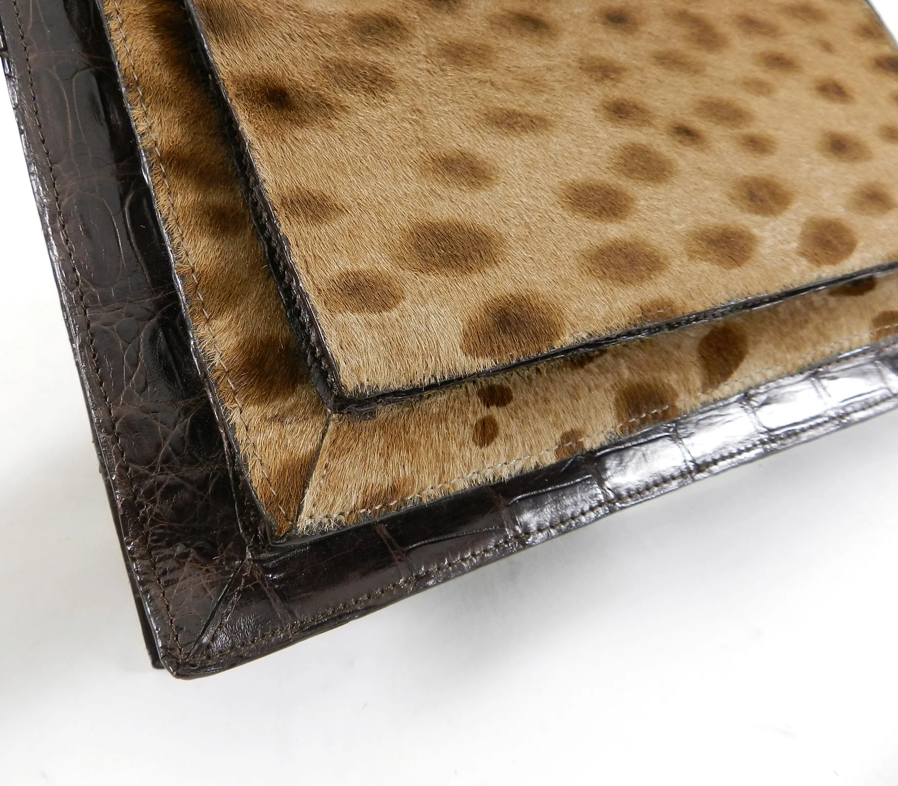 Nancy Gonzalez Brown Crocodile and Faux Leopard Calf Clutch Bag