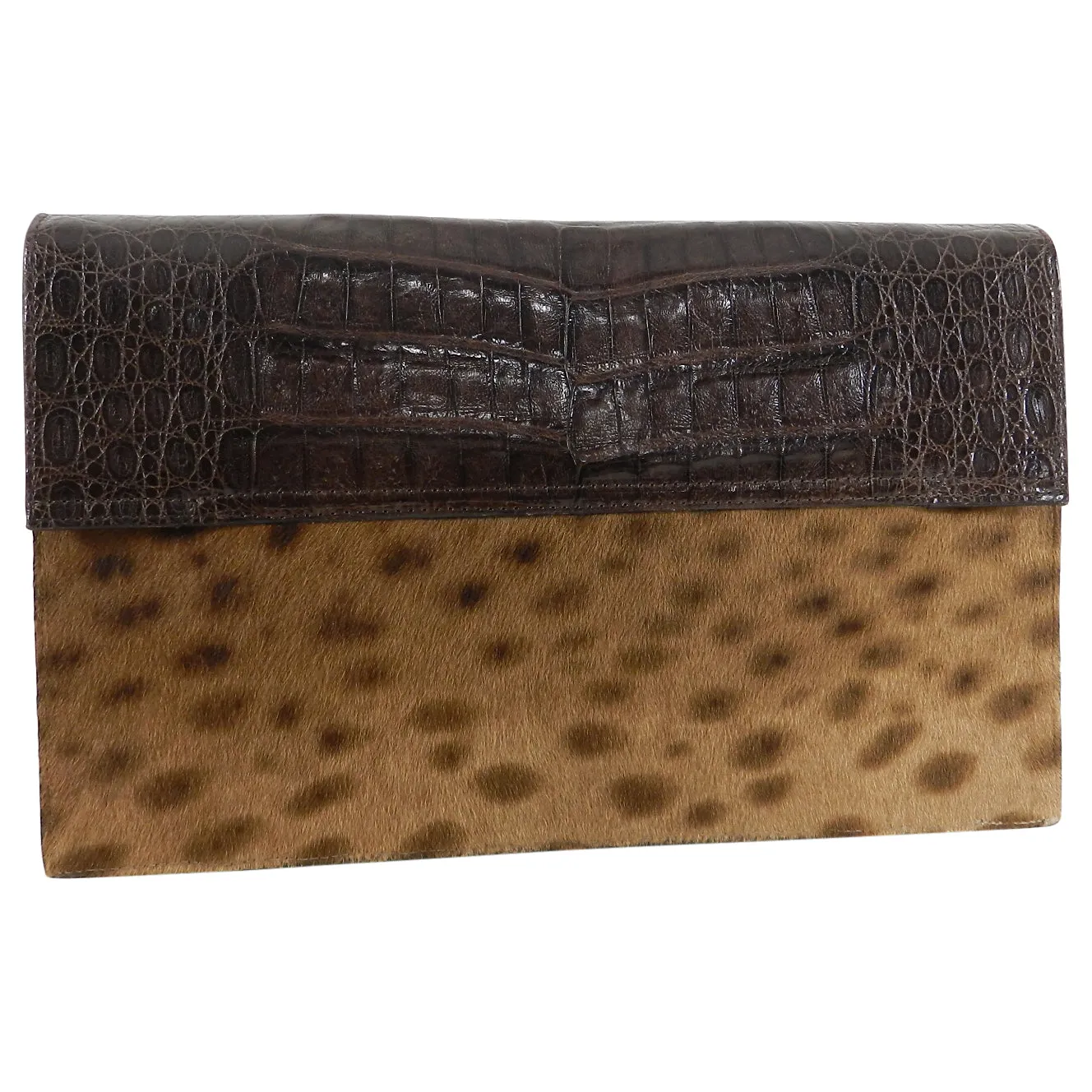 Nancy Gonzalez Brown Crocodile and Faux Leopard Calf Clutch Bag