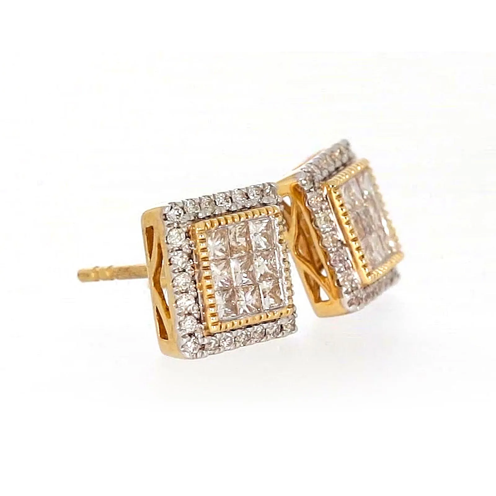 New York 14ct Yellow Gold Round Brilliant & Princess Cut 3/4 CARAT tw of Diamonds Stud Earrings