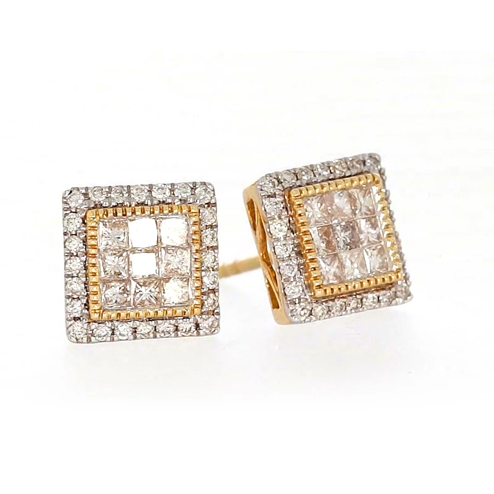 New York 14ct Yellow Gold Round Brilliant & Princess Cut 3/4 CARAT tw of Diamonds Stud Earrings