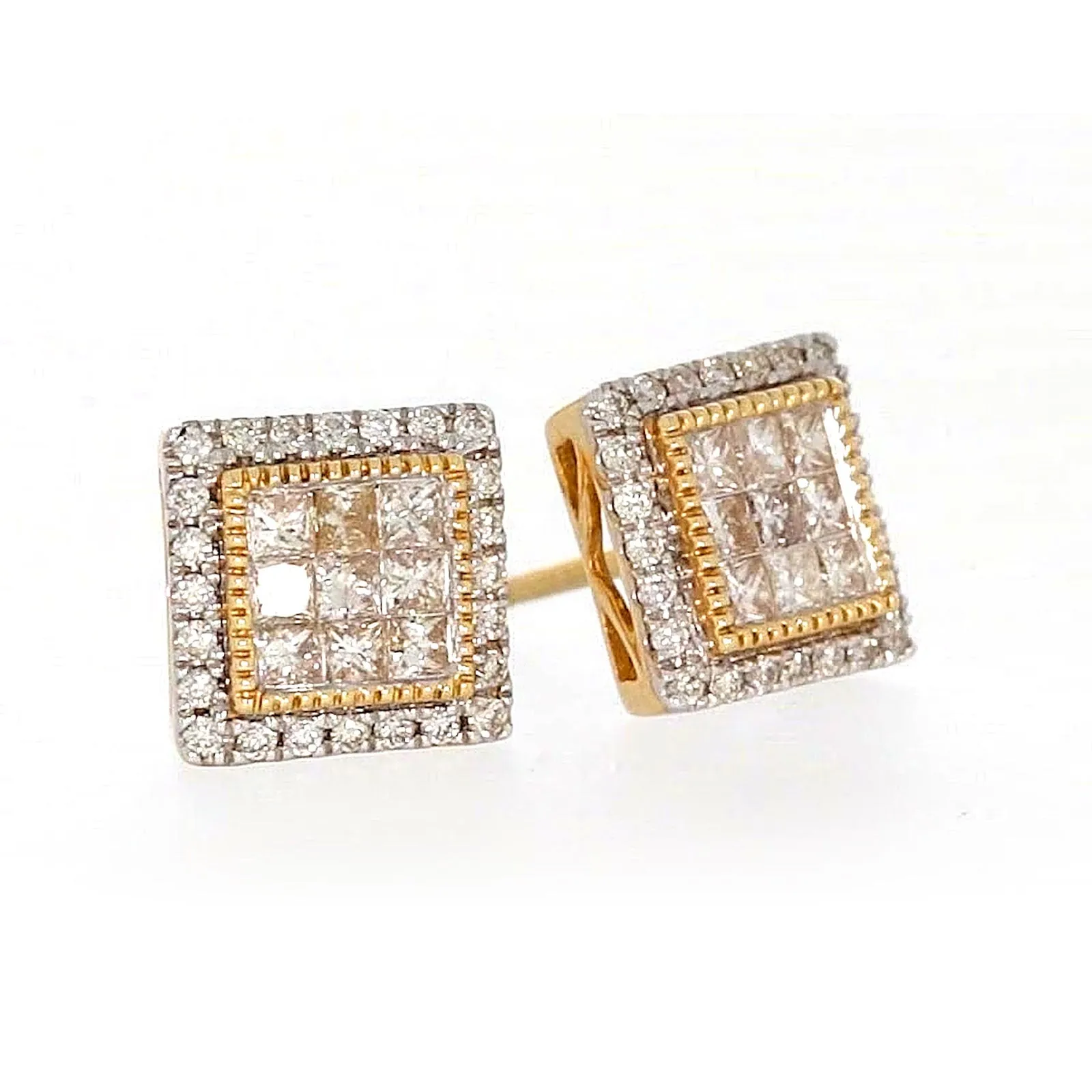 New York 14ct Yellow Gold Round Brilliant & Princess Cut 3/4 CARAT tw of Diamonds Stud Earrings