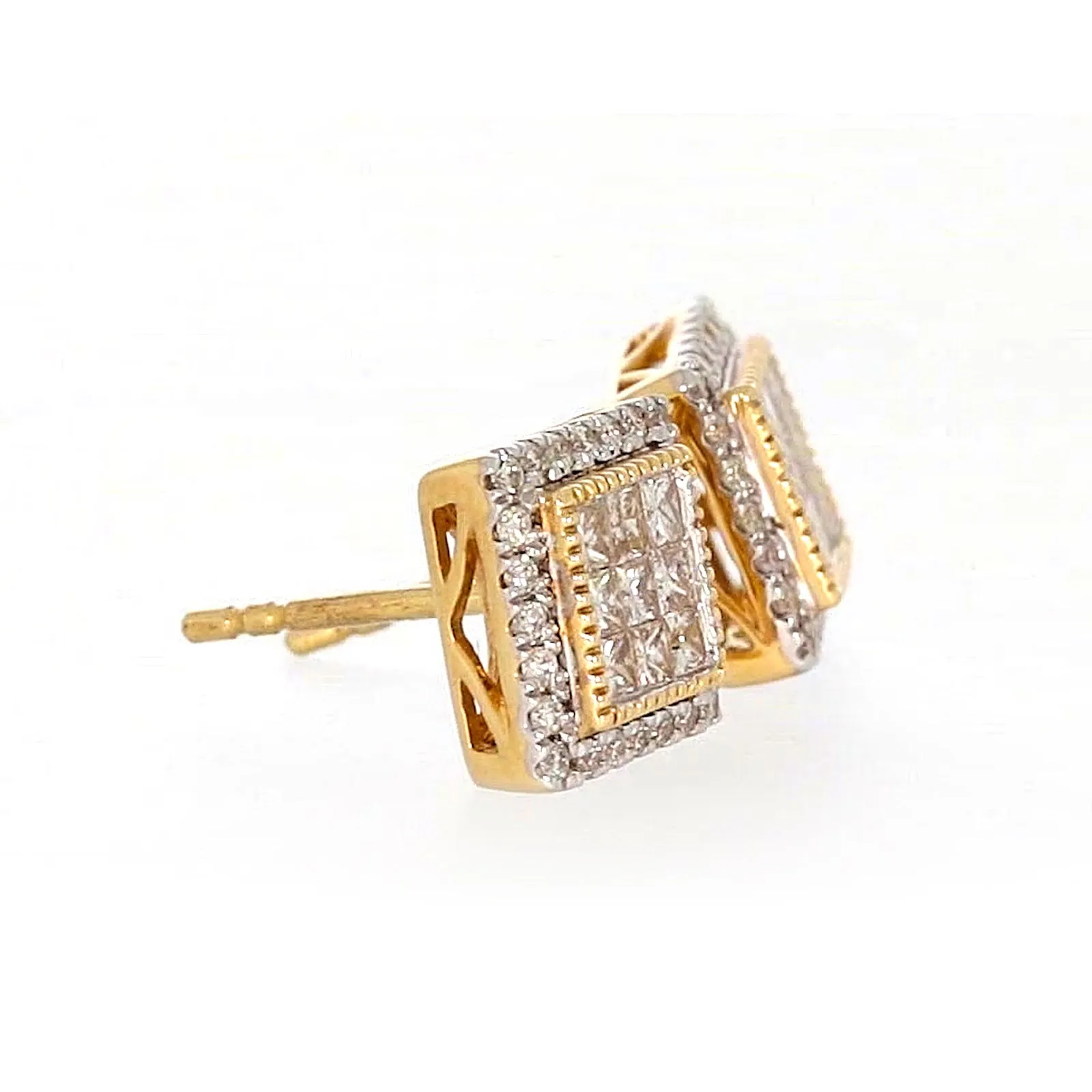New York 14ct Yellow Gold Round Brilliant & Princess Cut 3/4 CARAT tw of Diamonds Stud Earrings