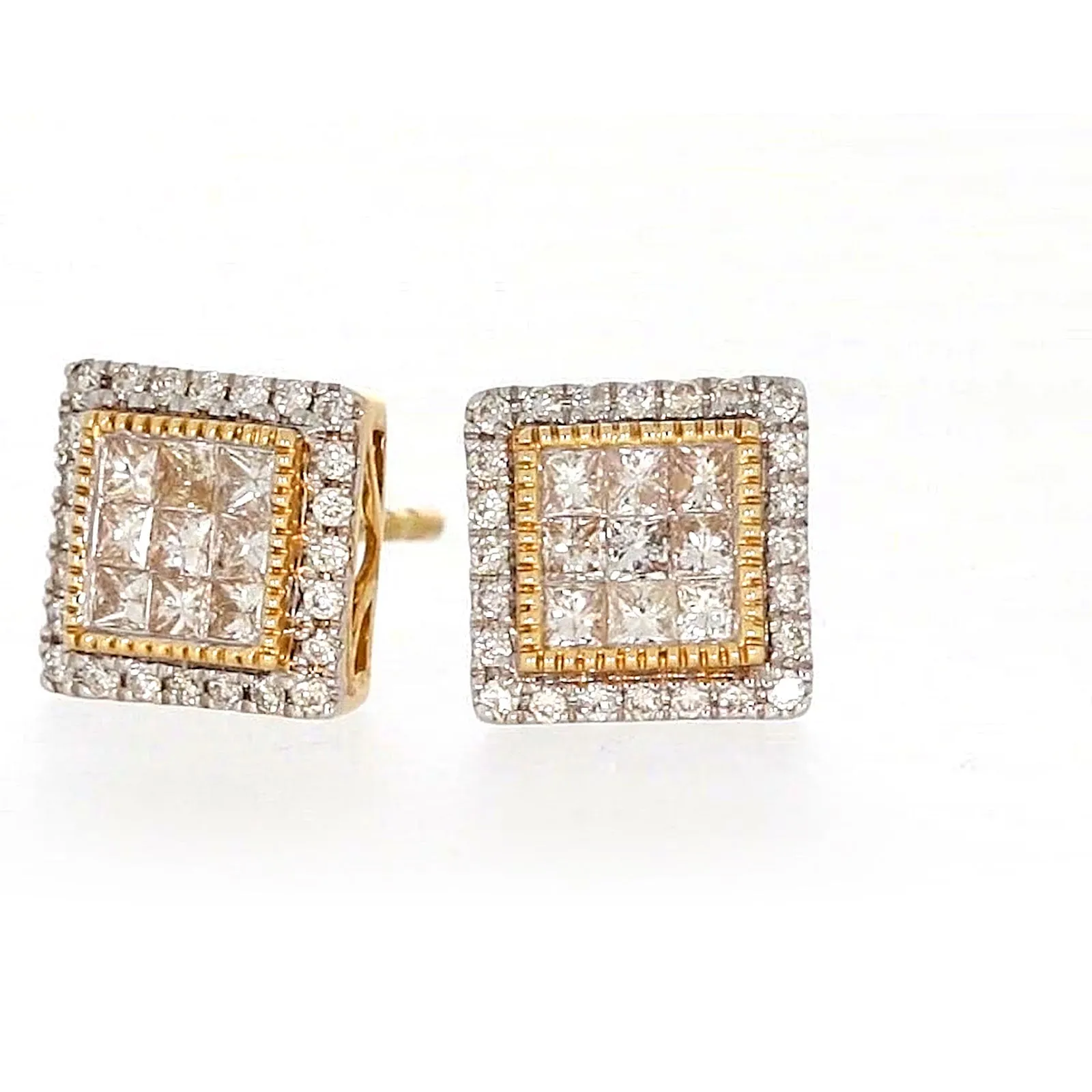 New York 14ct Yellow Gold Round Brilliant & Princess Cut 3/4 CARAT tw of Diamonds Stud Earrings
