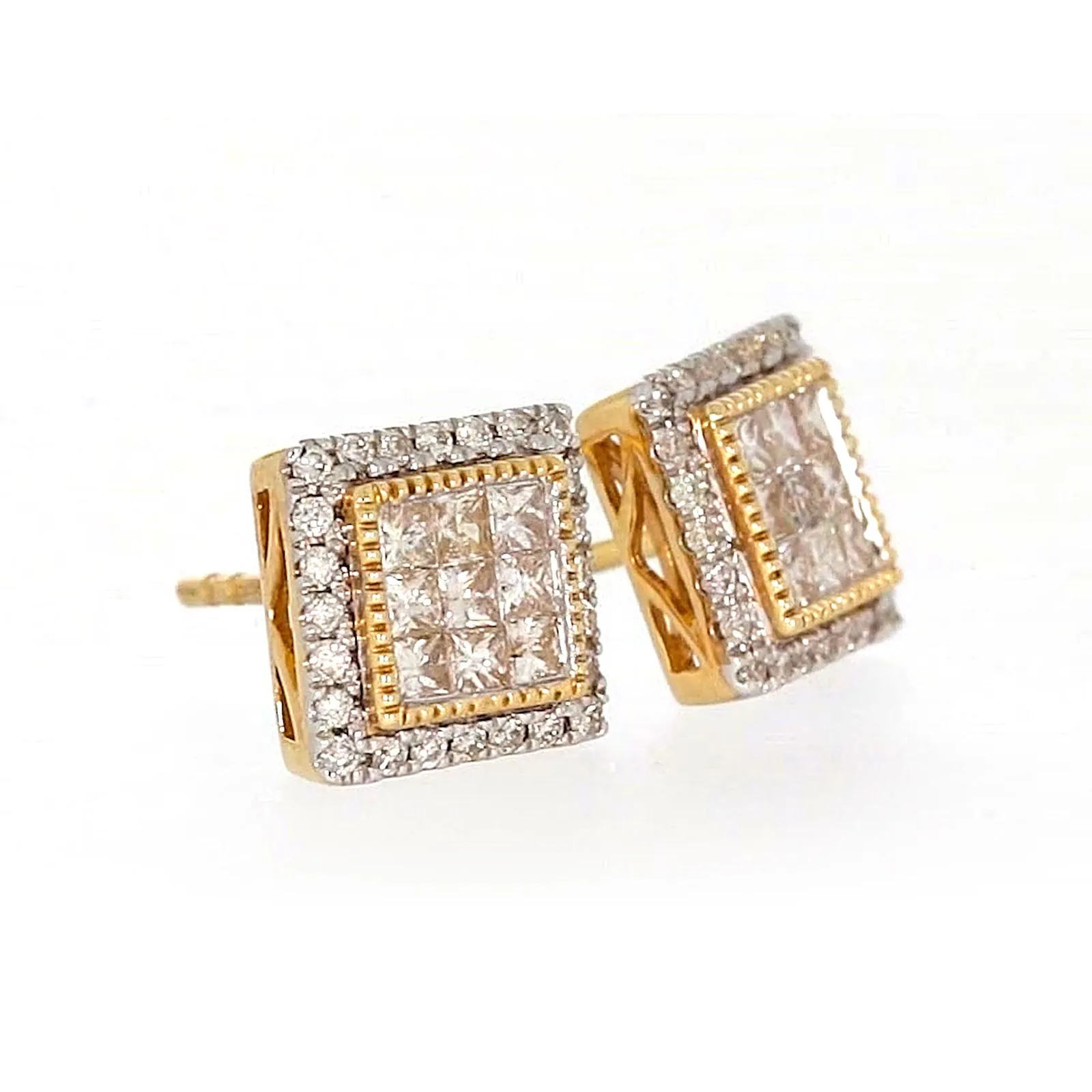 New York 14ct Yellow Gold Round Brilliant & Princess Cut 3/4 CARAT tw of Diamonds Stud Earrings