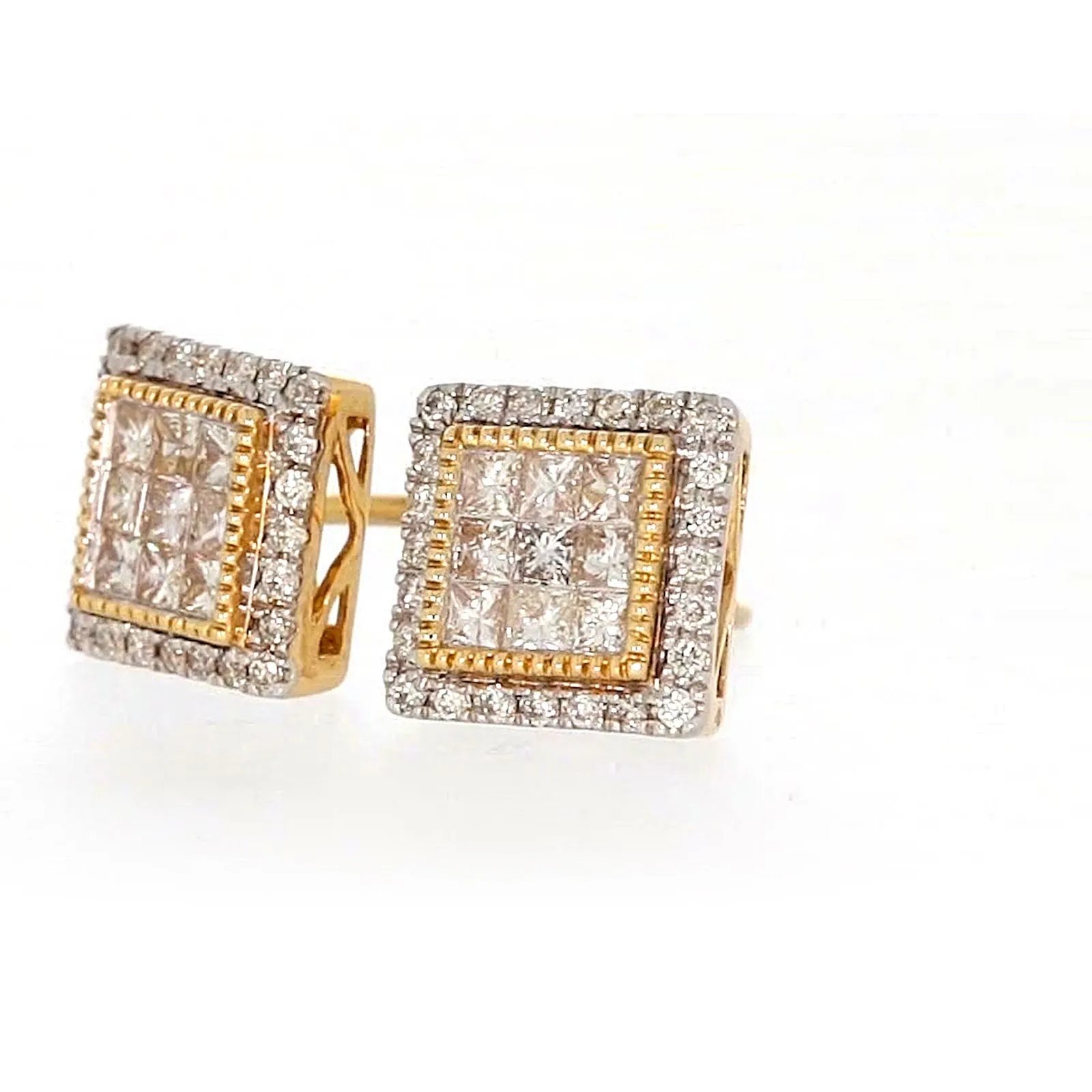 New York 14ct Yellow Gold Round Brilliant & Princess Cut 3/4 CARAT tw of Diamonds Stud Earrings