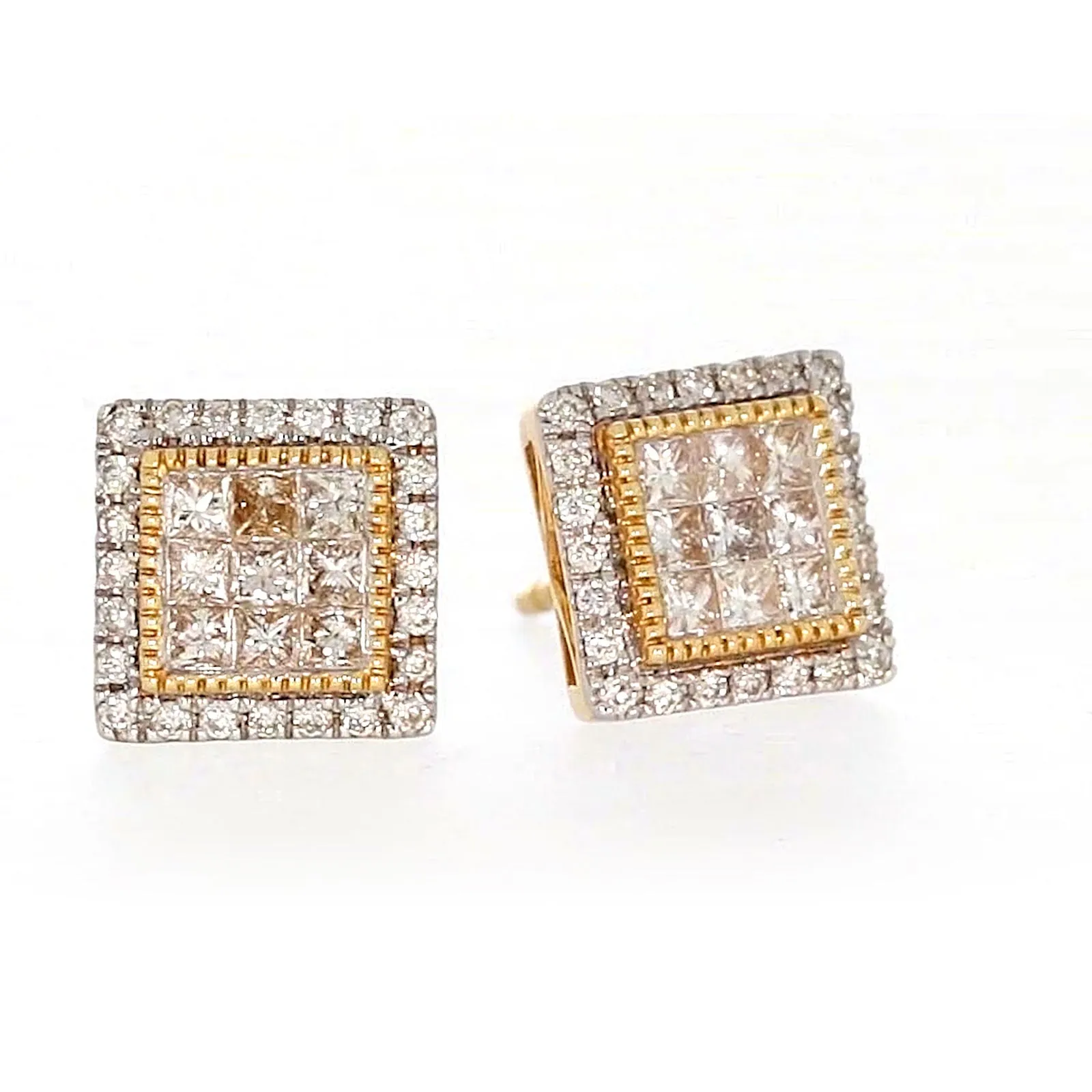 New York 14ct Yellow Gold Round Brilliant & Princess Cut 3/4 CARAT tw of Diamonds Stud Earrings