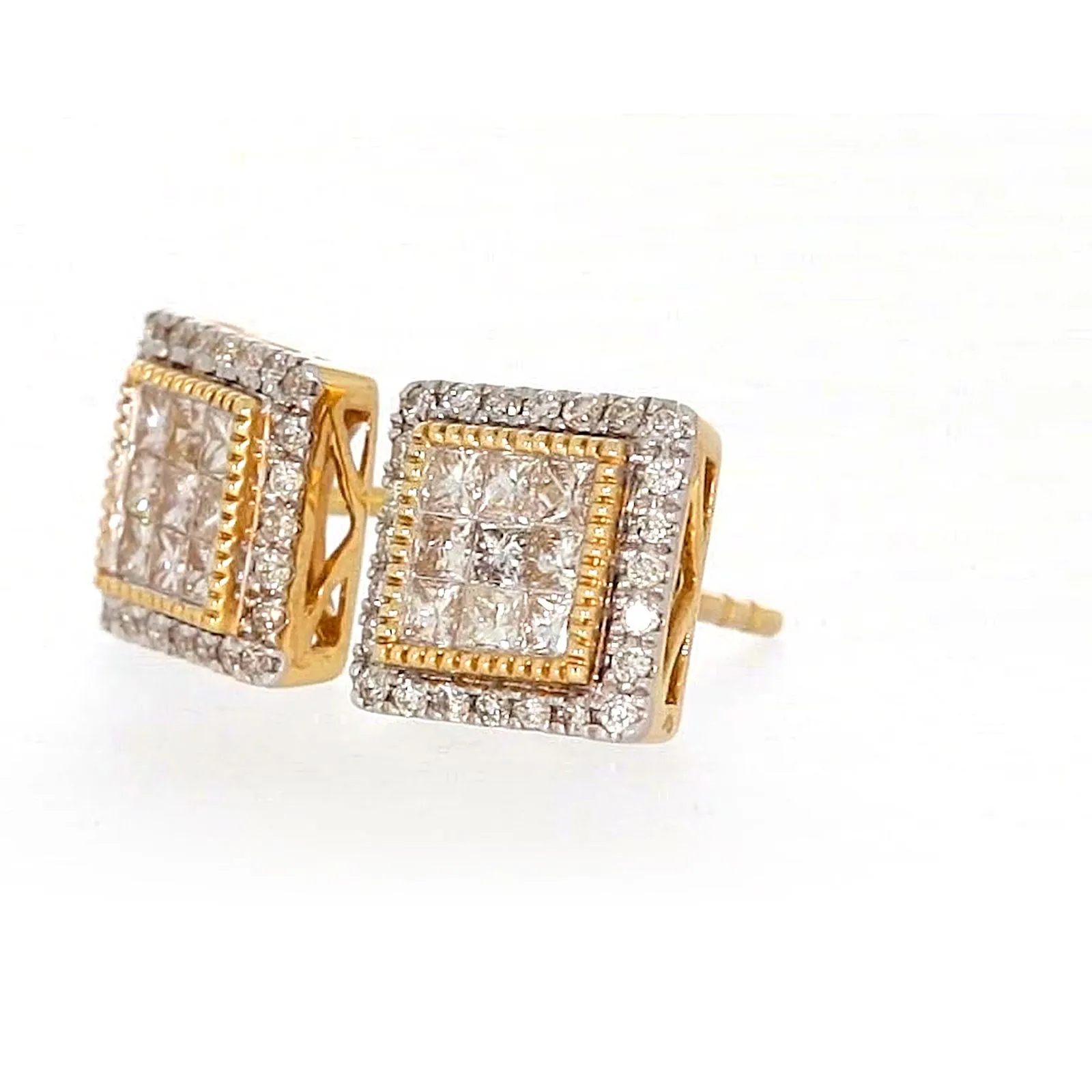 New York 14ct Yellow Gold Round Brilliant & Princess Cut 3/4 CARAT tw of Diamonds Stud Earrings