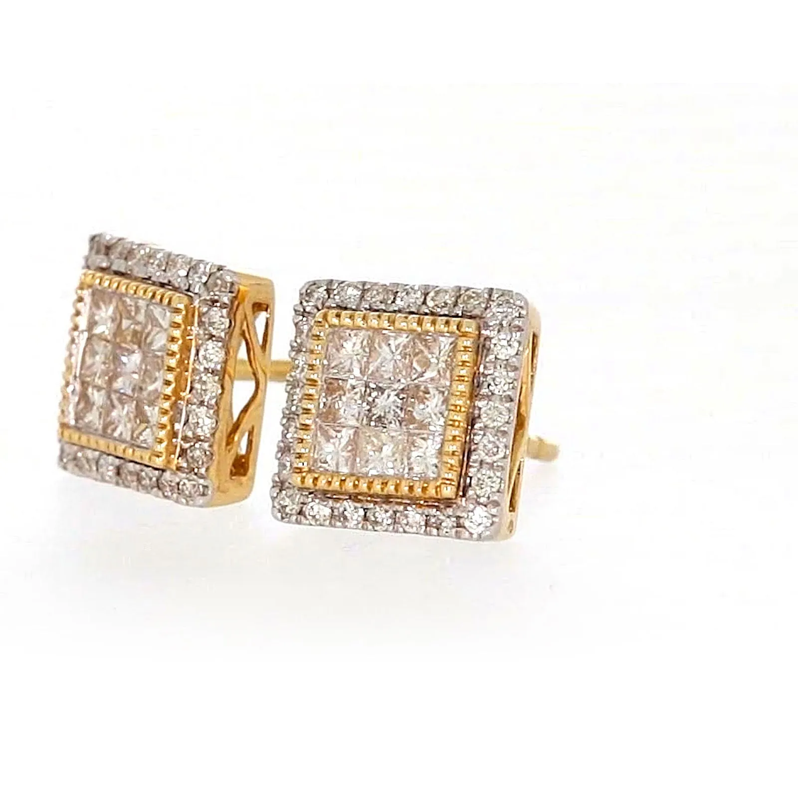 New York 14ct Yellow Gold Round Brilliant & Princess Cut 3/4 CARAT tw of Diamonds Stud Earrings