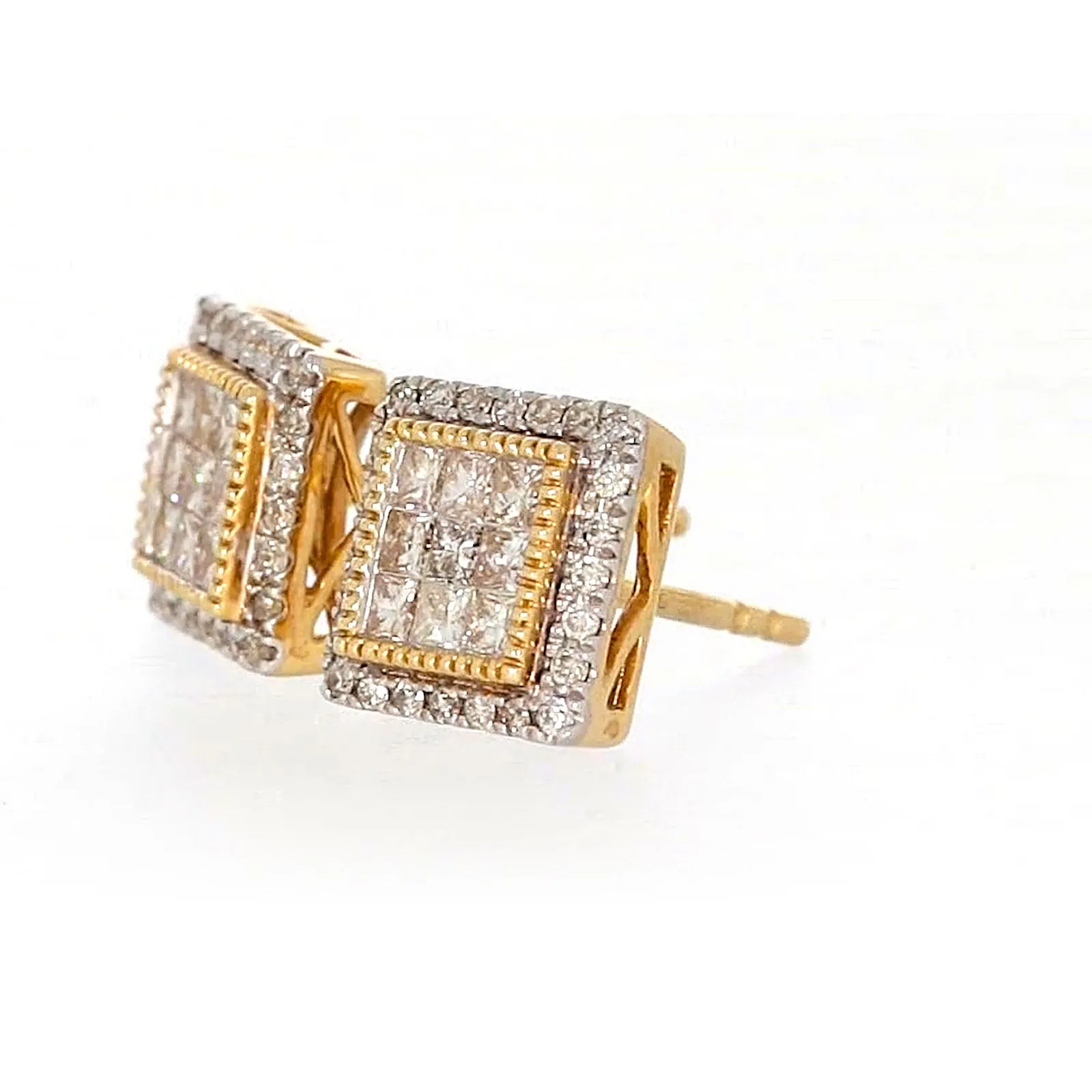 New York 14ct Yellow Gold Round Brilliant & Princess Cut 3/4 CARAT tw of Diamonds Stud Earrings
