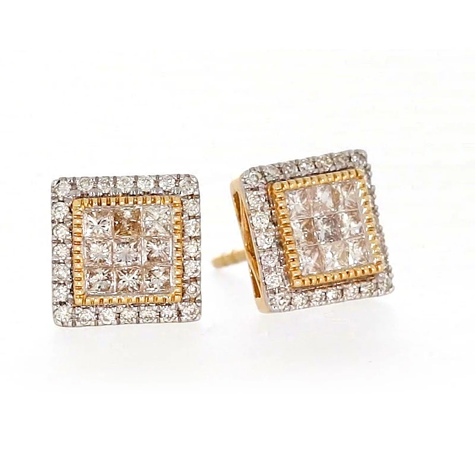 New York 14ct Yellow Gold Round Brilliant & Princess Cut 3/4 CARAT tw of Diamonds Stud Earrings