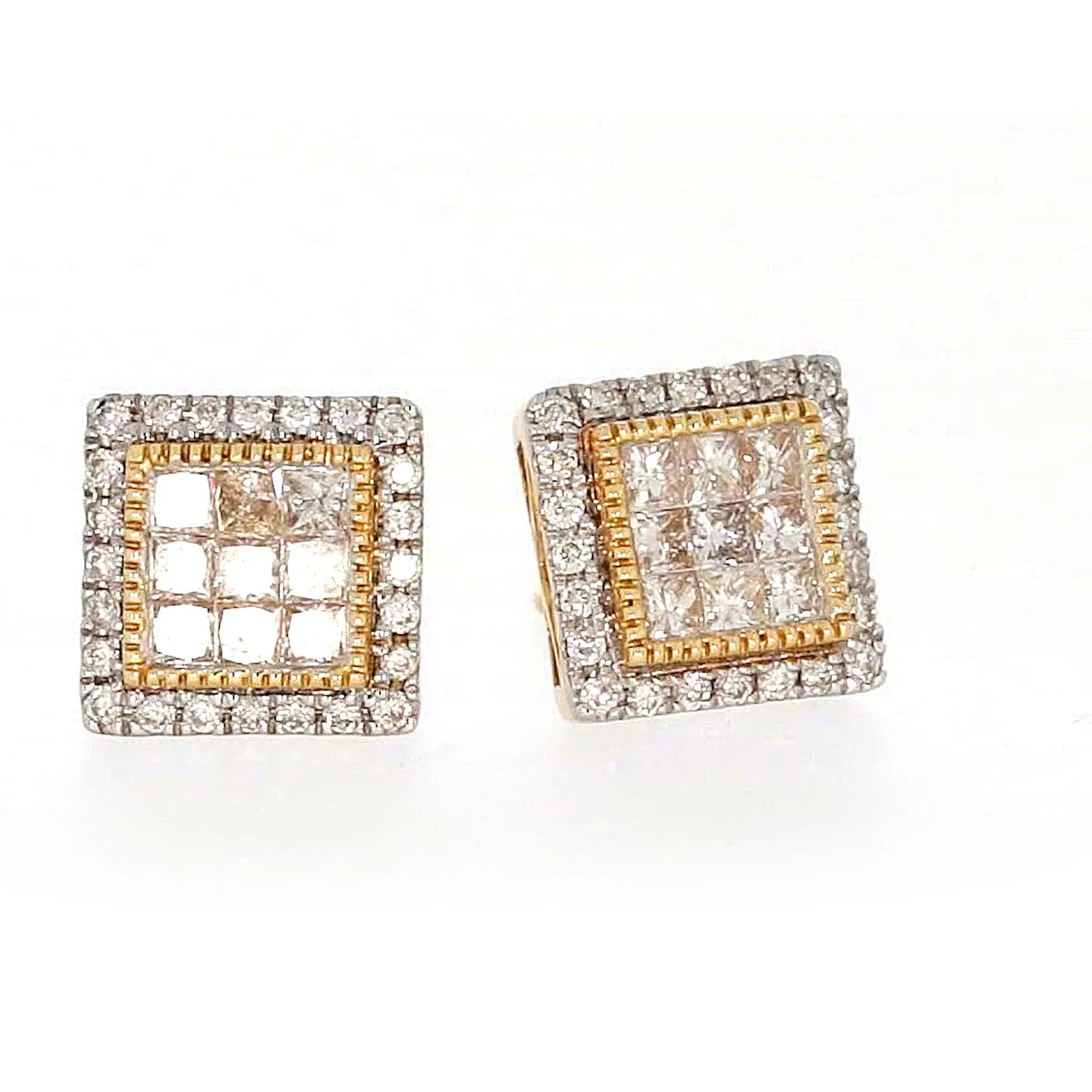 New York 14ct Yellow Gold Round Brilliant & Princess Cut 3/4 CARAT tw of Diamonds Stud Earrings