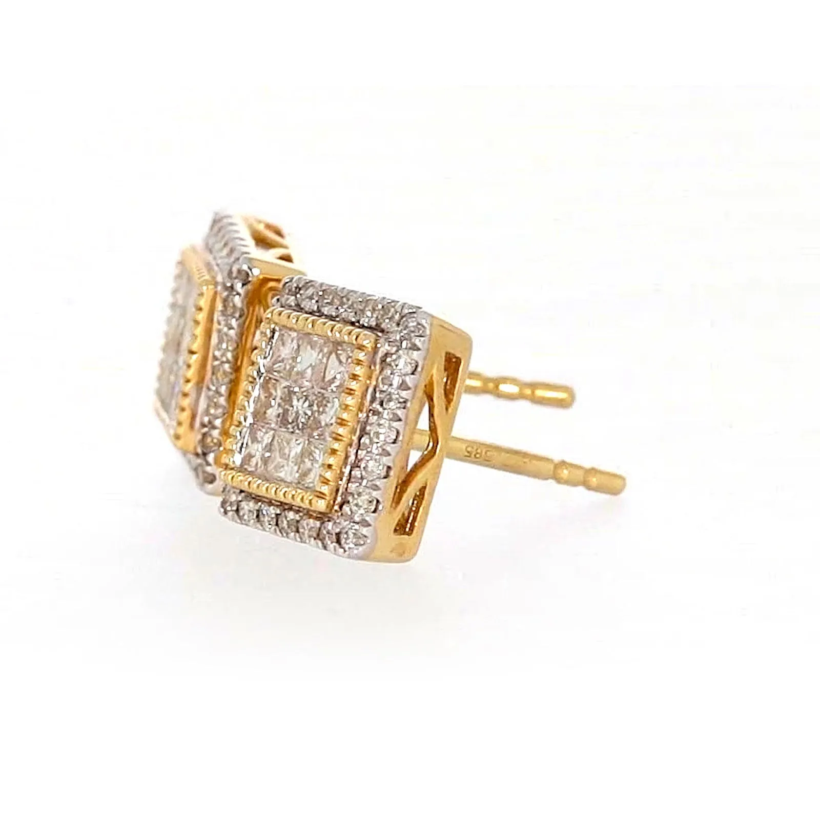 New York 14ct Yellow Gold Round Brilliant & Princess Cut 3/4 CARAT tw of Diamonds Stud Earrings