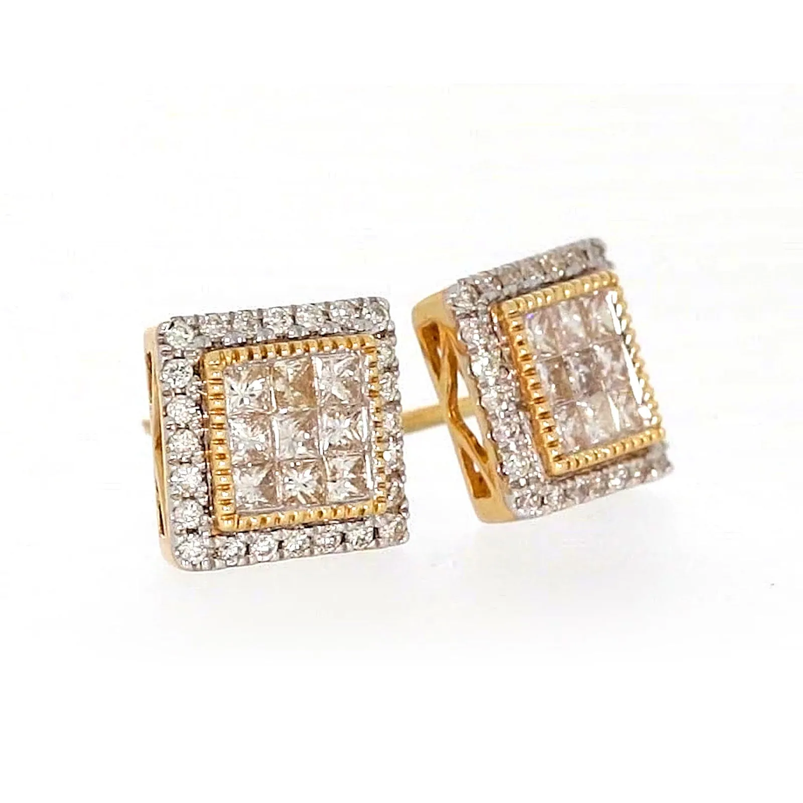 New York 14ct Yellow Gold Round Brilliant & Princess Cut 3/4 CARAT tw of Diamonds Stud Earrings