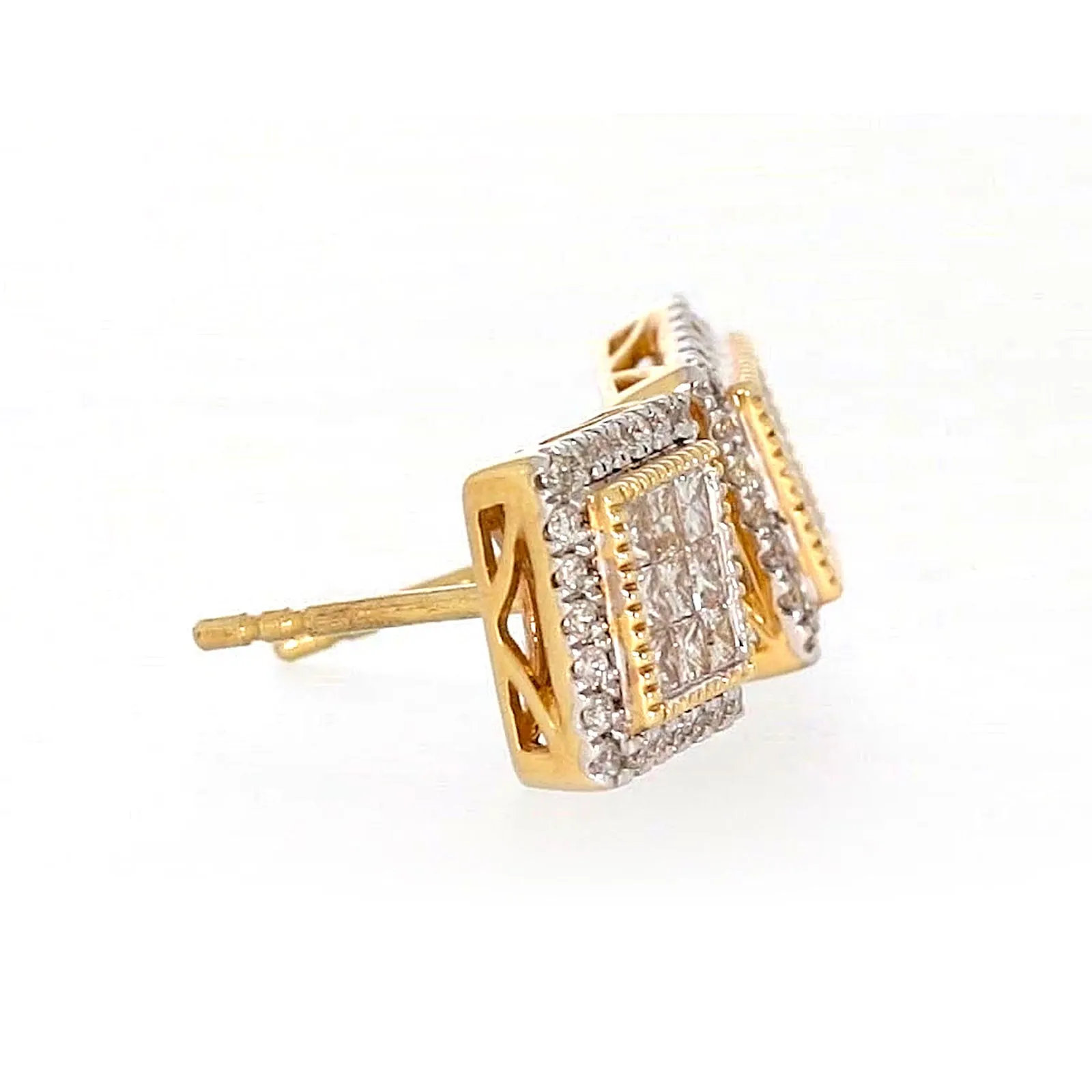 New York 14ct Yellow Gold Round Brilliant & Princess Cut 3/4 CARAT tw of Diamonds Stud Earrings