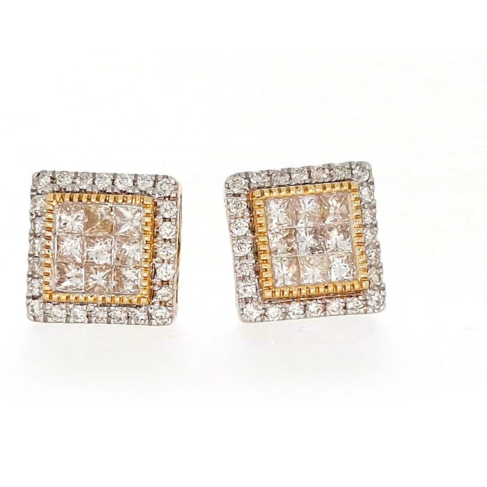 New York 14ct Yellow Gold Round Brilliant & Princess Cut 3/4 CARAT tw of Diamonds Stud Earrings