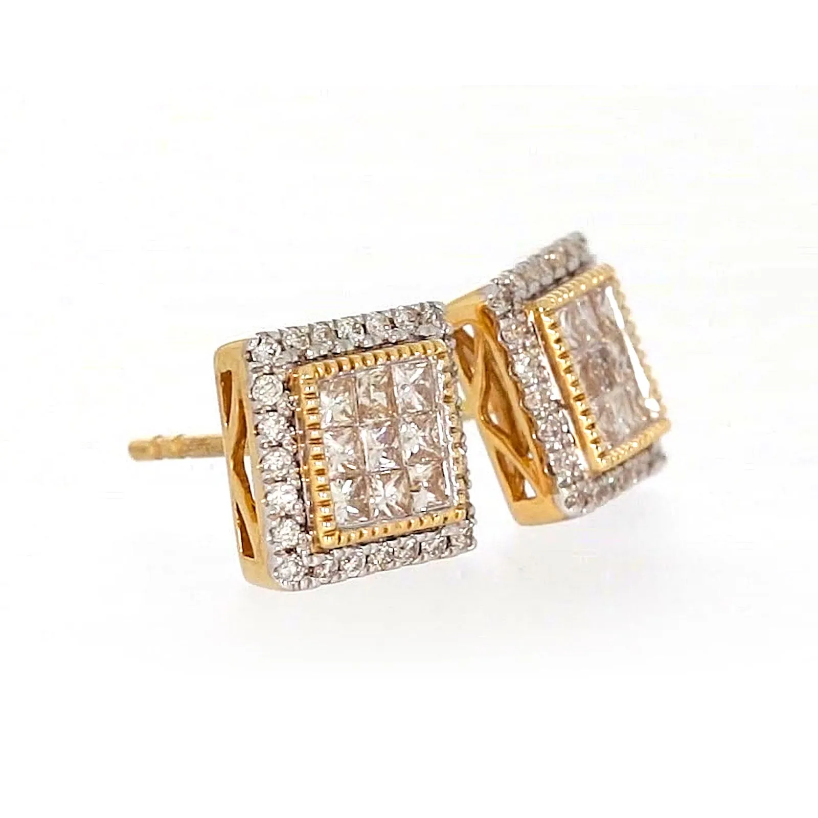 New York 14ct Yellow Gold Round Brilliant & Princess Cut 3/4 CARAT tw of Diamonds Stud Earrings