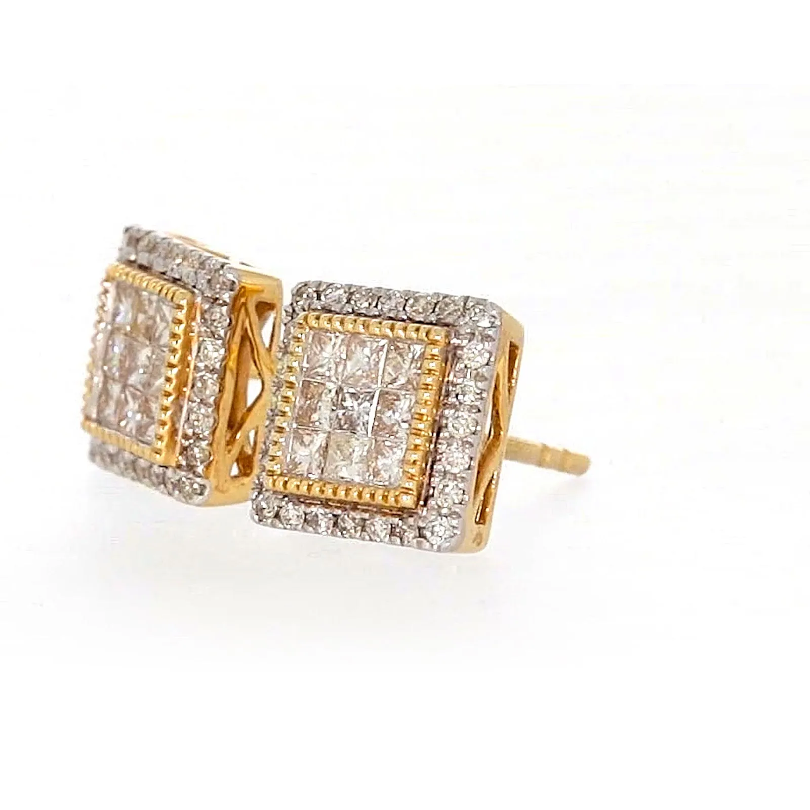 New York 14ct Yellow Gold Round Brilliant & Princess Cut 3/4 CARAT tw of Diamonds Stud Earrings